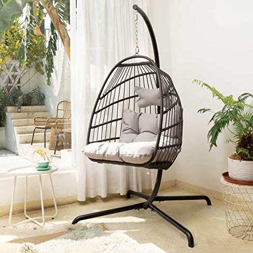 Swing Egg Chair with Stand Indoor Outdoor Wicker Rattan Patio Basket Hanging Chair with UV Resistant Cushions Aluminum Frame 350lbs Capaticy for Bedroom Balcony Patio (Grey)