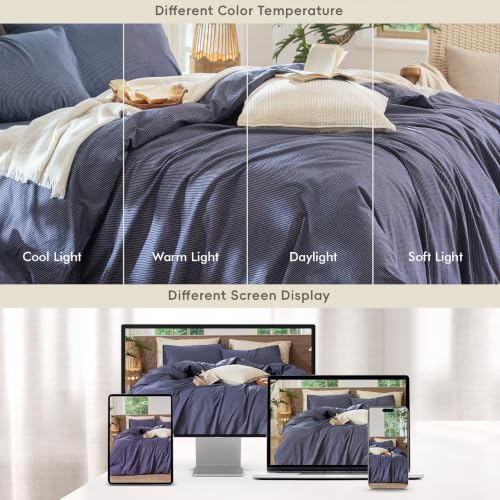 Image of MooMee Striped Duvet Cover Set 100% Washed Cotton Linen Like Queen