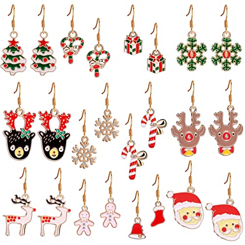 12Pairs Christmas Earrings For Women Girls Holiday Earrings Christmas Tree Earrings Gold Dangle Earrings For Women #TOP19