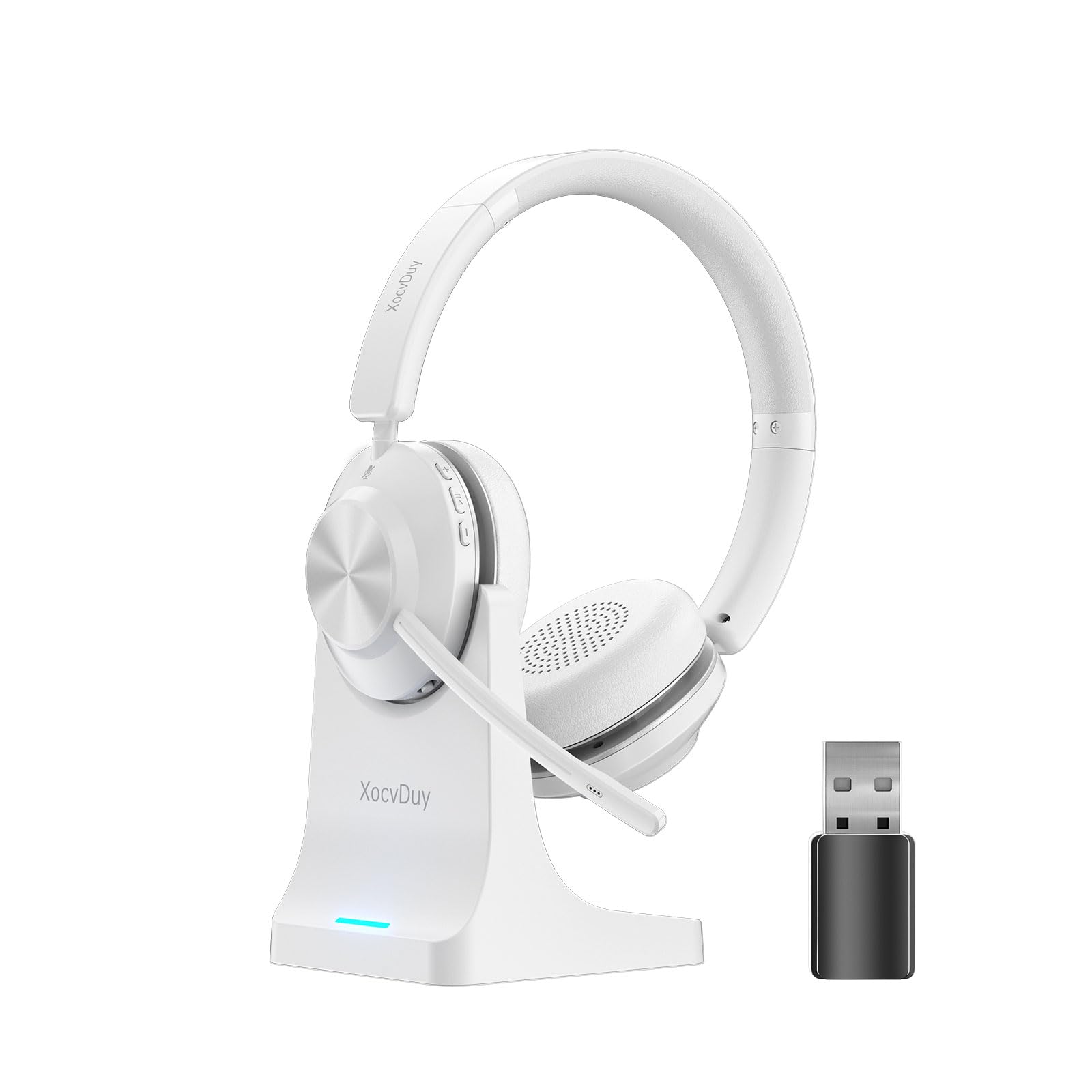 Bluetooth Headset, Wireless Headset with Mic for Work, Bluetooth 5.3, Wireless Headphones with AI Noise Cancelling Microphone (Clear Calls & Mic Mute), USB Dongle, for Computer/PC(White)