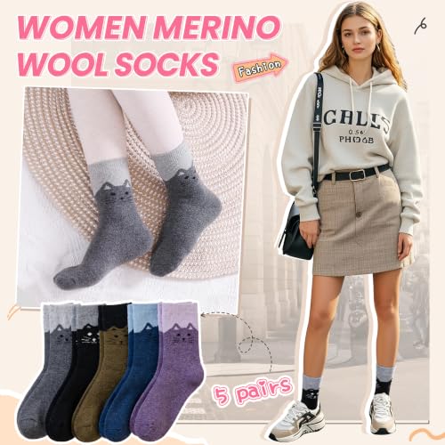 Image of Velice Wool Socks for Women Merino Wool Boot Hiking Thick Thermal Warm Winter Crew Cushion Cozy Work Socks 5 Pairs
