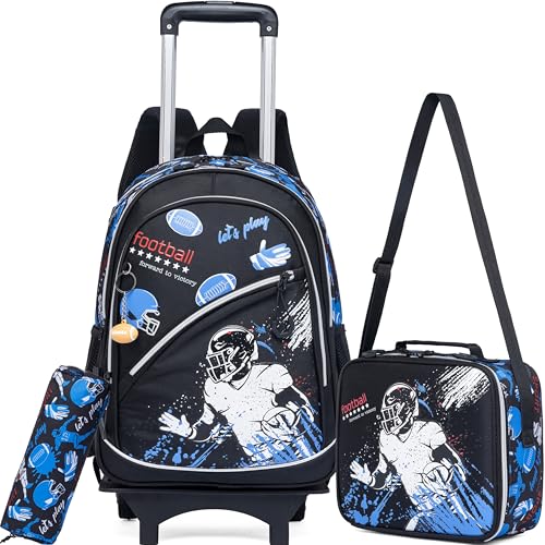Meetbelify Mochila com rodas para meninos, mochila com rodinhas para estudantes do ensino fundamental, 02 Futebol Azul, 16.5'X11.8'X6.7'