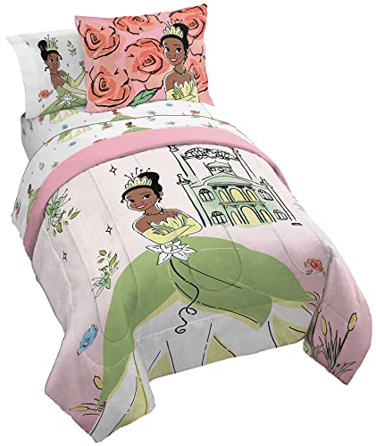 Image of Disney Princess Tiana Full Comforter Set 7 Piece Kids Bedding, Pink | Bed in a Bag, Comforter Sheets Shams Pillowcases, Soft Microfiber, Machine Washable, Girls Gift