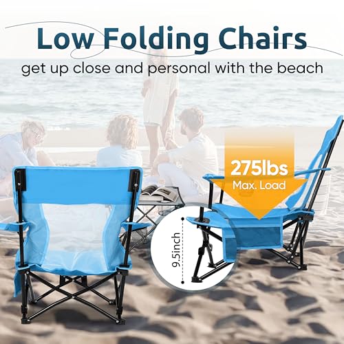 Image of HaSteeL Folding Beach Chair Set of 3, Foldable Blue Camping Chairs & Grey Table for Outside, Low Beach Chair Portable for Adults Fishing, Picnic, Outdoor BBQ, Travel, Sports, Cup Holder & Storage Bag