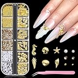 Furtherpretty Summer Nail Charms, 3D Beach Nail Charms Metal Starfish Seashell Tropical Ocean Nail Art Decorations, Gold Beads and Pearls Rhinestones with Tweezers for Manicure, concha nacar para uñas