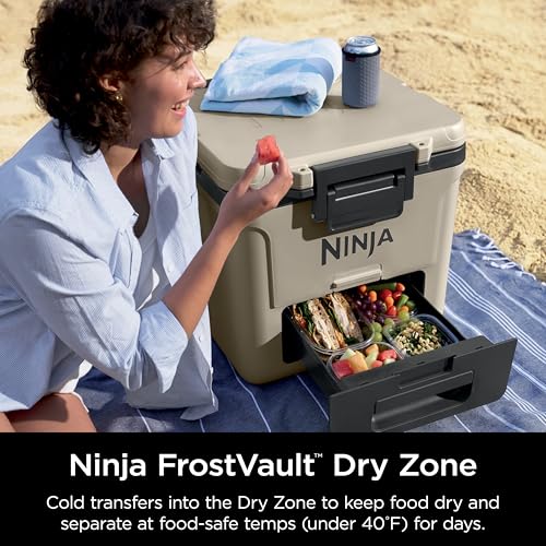 Image of Ninja | Cooler | FrostVault 30QT Cooler with Wheels | Insulated with Temp Dry Storage Drawer | Keeps Ice Cold for Days | for the Beach, Camping, Picnics & More | Birch Beige | FB230CS