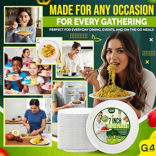 G4GADGET 90 Pack 7 Inch Paper Plates – Small Disposable White Plates for Snacks, Desserts & Parties – Sturdy, Eco-Friendly, Recyclable, Biodegradable – Microwave & Freezer Safe