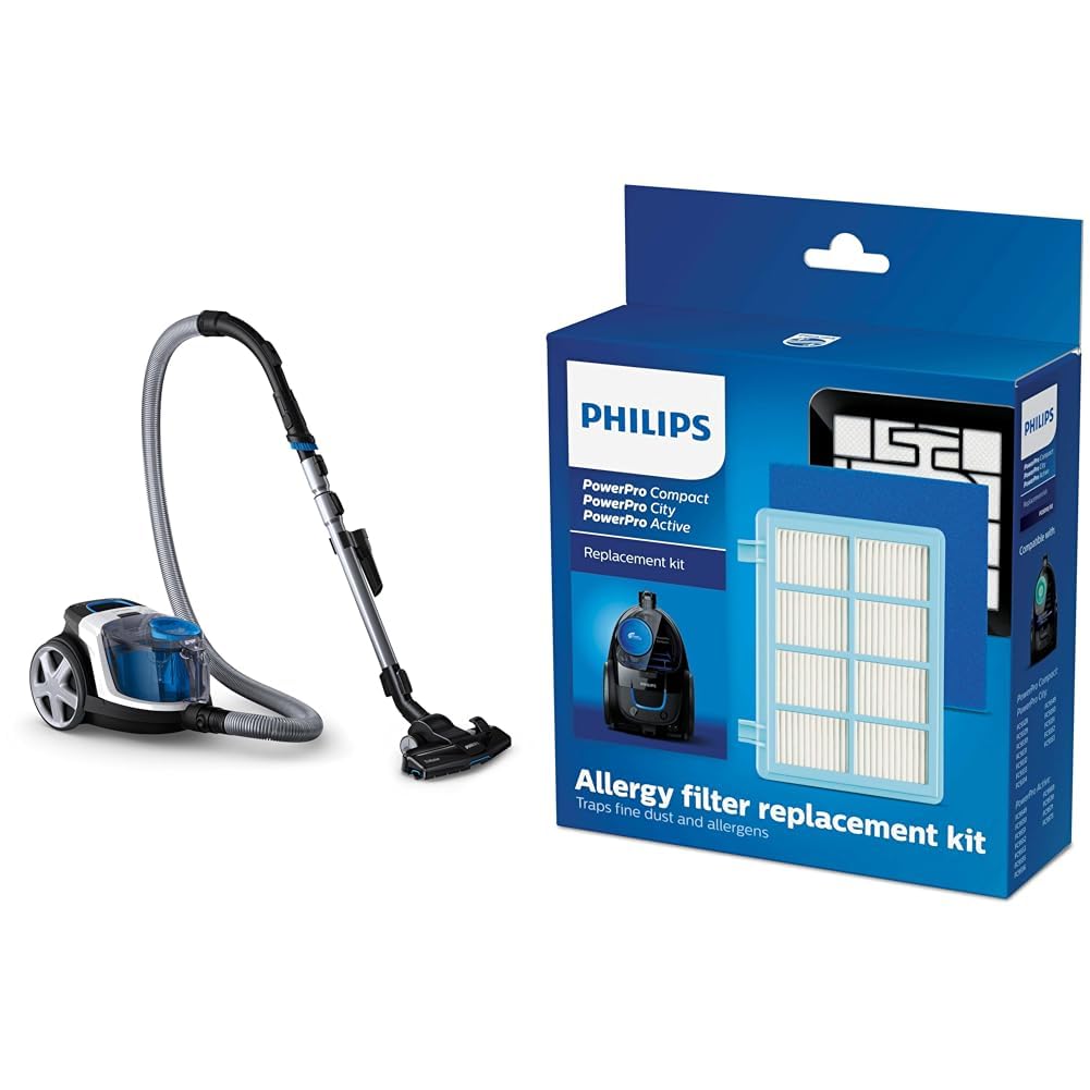 Philips 3000 PowerPro Compact Odkurzacz Bezworkowy, 900W, Filtr HEPA, biało-czarny (FC9332/09) [Klasa energetyczna A] & Philips FC8010/02 Oryginalny Zestaw Filtrów Wymiennych, Niebieski/Biały