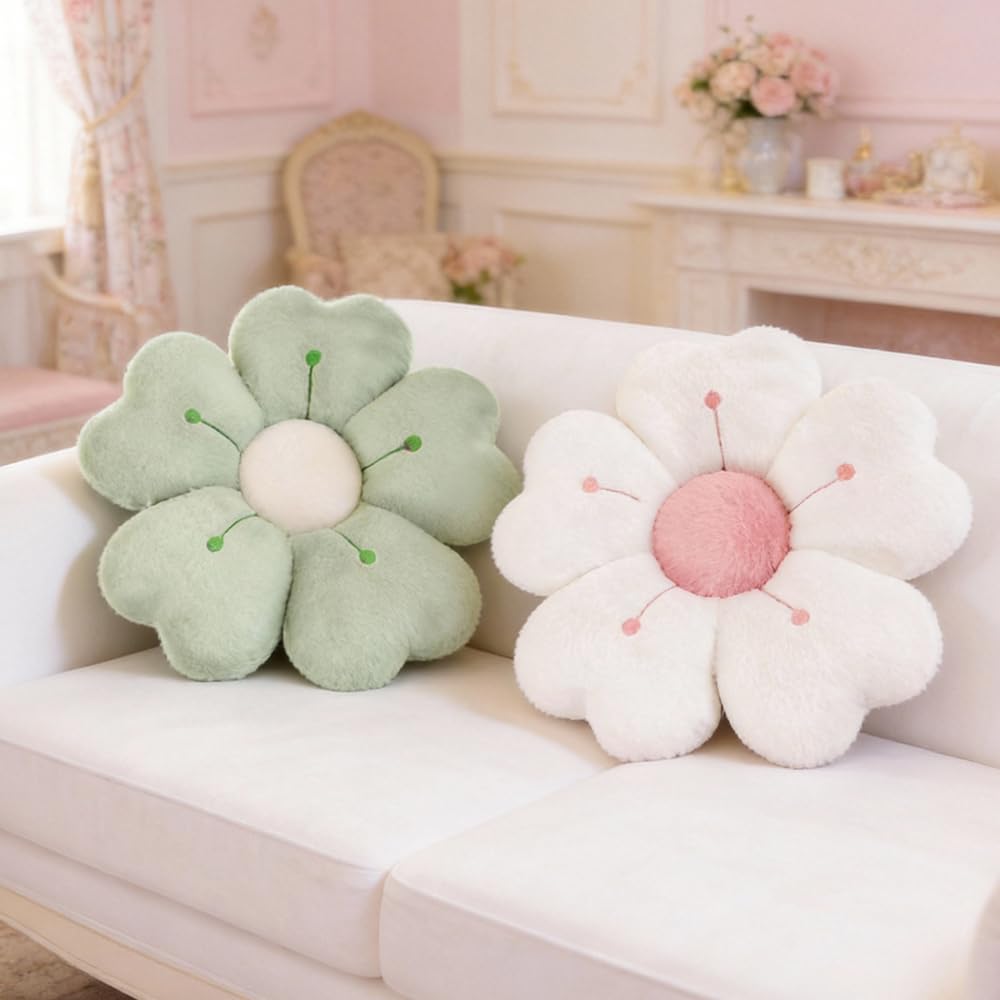 Wxeadu 2Pcs Flower Pillow, 35cm Flower Cushion, Aesthetic Daisy Pillow, Soft and Fluffy Flowe r-Shaped Floor Cushion, Cute Room Decor for Bedroom, Sofa, Couch (White+Green)