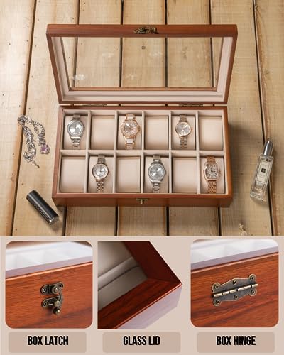 Image of Watch Box, Watch Case for Men Women with Large Glass Lid, Wooden Watch Display Storage Box with 12 - Slots, Classic Walnut Mens Watch Box Organizer