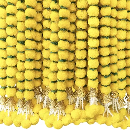 DIYANA IMPEX Marigold Garland for Decoration 5 Pcs of 5 feet Long Strands Artificial Marigold Flowers with Bell, Indian Décor for Pooja/Diwali/Wedding/Christmas (Yellow & Green)
