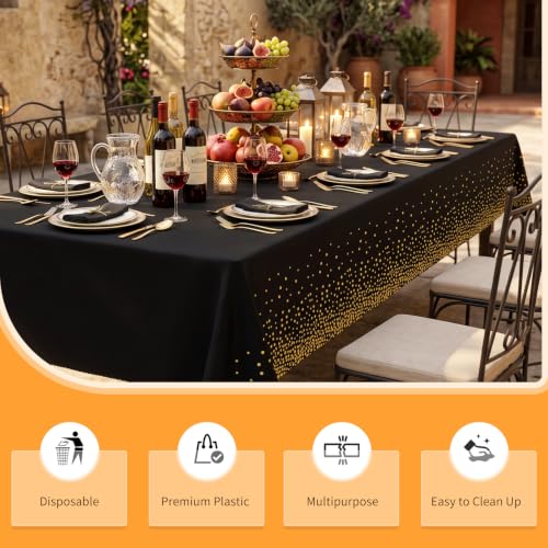 Image of tujol Black and Gold Disposable Plastic Table Cloth Roll 54 inch X 100'