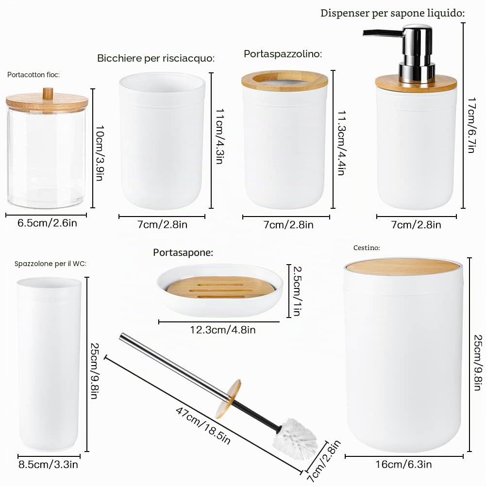 JOTOM Set di 7 Accessori da Bagno in Bambù Accessori in Plastica di Lusso Portacotton Fioc Portaspazzolino Bicchiere Scopino WC Portasapone Cestino Spazzatura Dispenser Regalo Bagno (Bianco) (JQJT1009