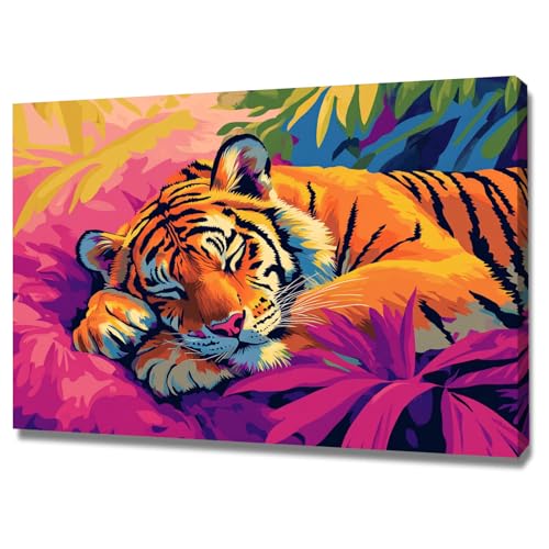 Tableau sur toile tigre rose 40x60cm encadré pour décoration de salon