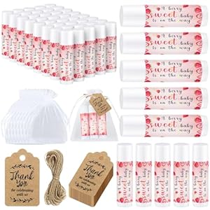 Demissle 50 Pcs Baby Shower Lip Balm Gift Set with 100 Pcs Organza Bags Baby Shower Party Favor for Guest Thank You Tag Rope Baby Shower Party Decoration Gender Reveal Souvenirs(Strawberry)