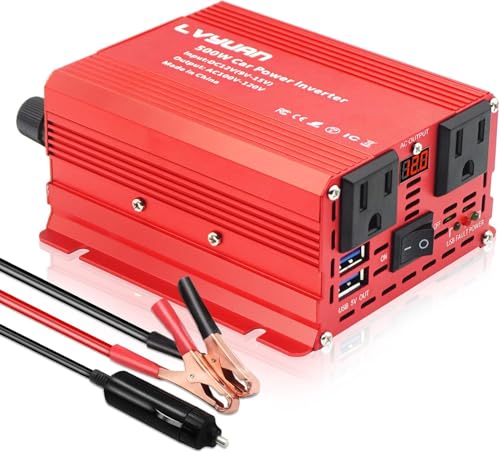 500W Power Inverter, LVYUAN Inverter DC 12V to 110V AC Car Plug Adapter Outlet Converter with Clip Dual USB Ports & Dual AC Outlets Truck RV for Phone, Laptops, Road Trip Charger