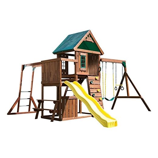 Swing-N-Slide Chesapeake Wood Complete Play Set with Two Swings, Monkey Bars, Slide, Climbing Wall and Picnic Table