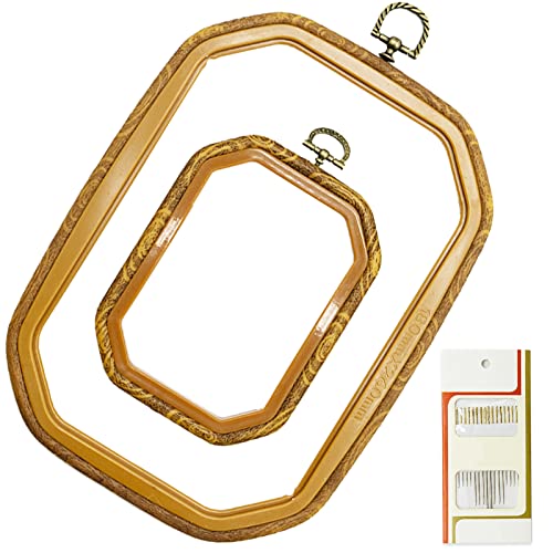 Image of 2 Sizes Imitated Wood Rectangle Round Embroidery Hoop Set Plastic Circle Cross Stitch Hoop Rings for DIY Craft Sewing,Including 16pcs Gold Eye Sewing Needles