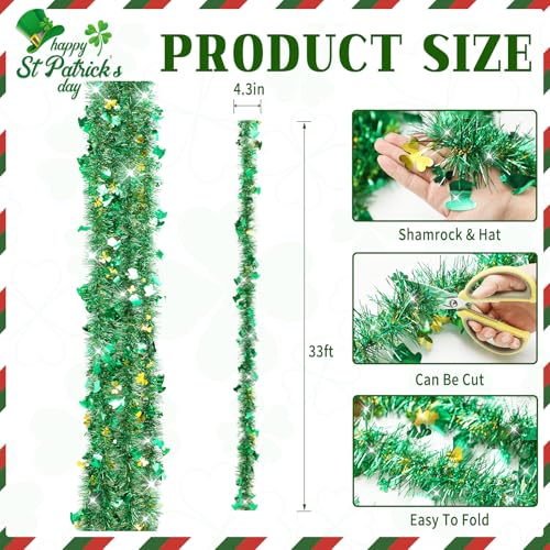 Image of 33 FT St Patricks Day Garland with Gold Green Shamrock Hat Tinsel Garland,Shiny Metallic Garlands St Patricks Day Decor for Home Indoor Outdoor St Patricks Party Supplies