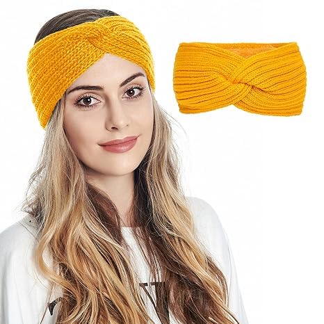devil Winter Knit Crochet Turban Headband for Women Warm Bulky Crocheted Headwrap Ear Warmer Winter Accessories (Yellow)-picture-24
