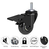 Vista 8 de Hirate Ruedas de 2 pulgadas con vástago roscado de 5/16 pulgadas (2 ruedas con bloqueo de freno), paquete de 4 ruedas giratorias con tuercas