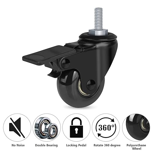 Miniatura 8 de Hirate Ruedas de 2 pulgadas con vástago roscado de 516 pulgadas (2 ruedas con bloqueo de freno), paquete de 4 ruedas giratorias con tuercas de