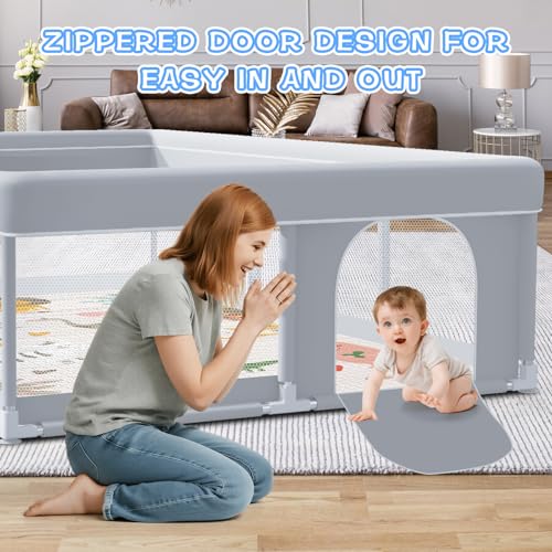 Image of XVISHX Baby Playpen with Mat, 74 x 50 Inch Playpen for Babies and Toddlers, Baby Playard for Indoor & Outdoor Active Center Game Fence, with Skin-Friendly Fabric and Soft Breathable Mesh, Grey
