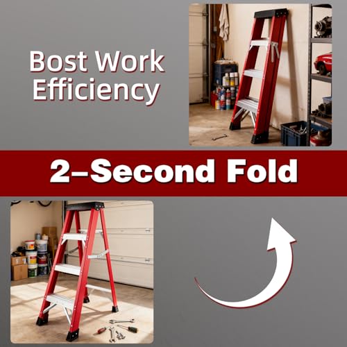 Image of Fiberglass Ladder, Single-Sided Stepladder for Electrical Engineering Ladder Construction with a Load Capacity of 330 pounds (4 Steps-Red)