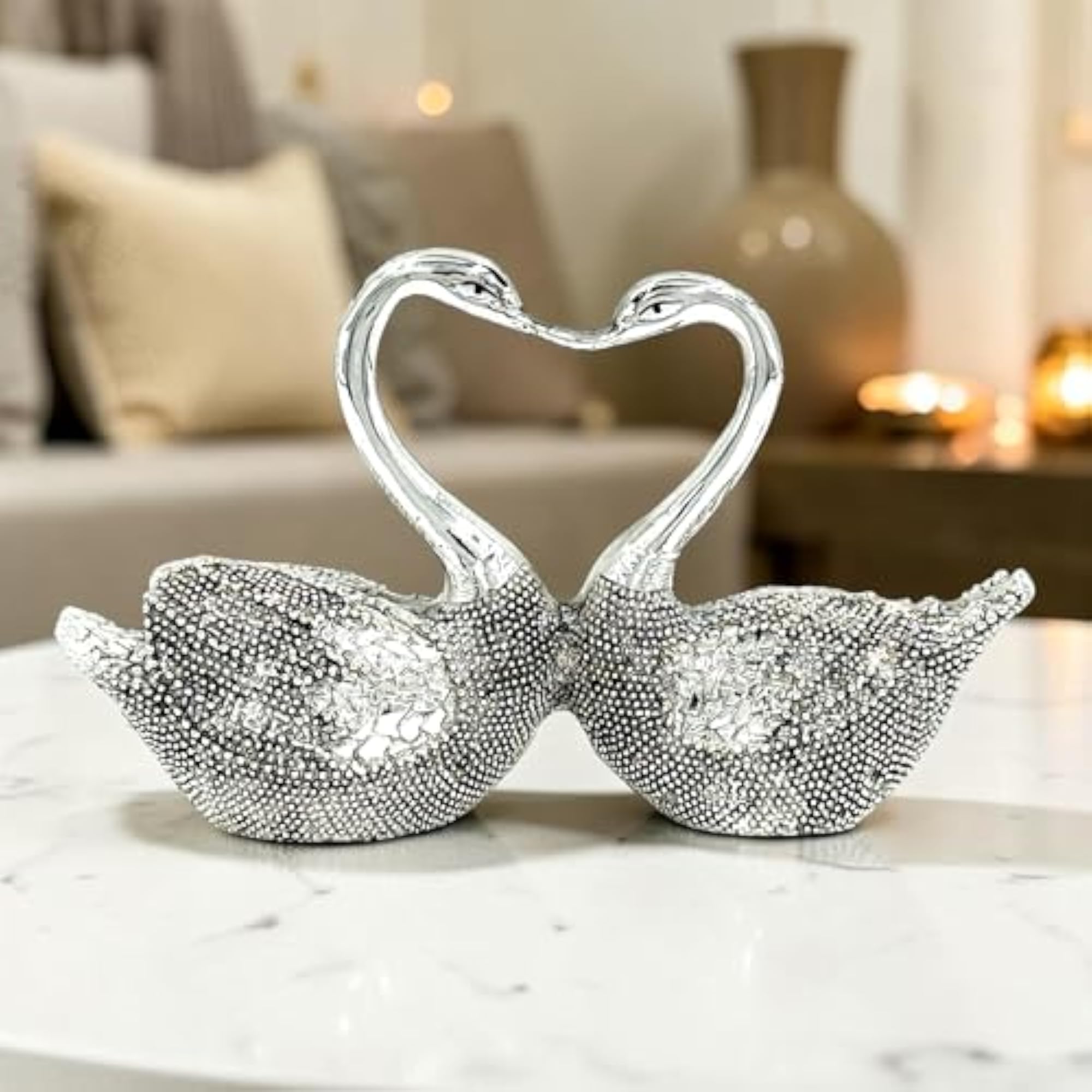 Silver Plated Swan Pair Romantic Couple Statue, Home Decor