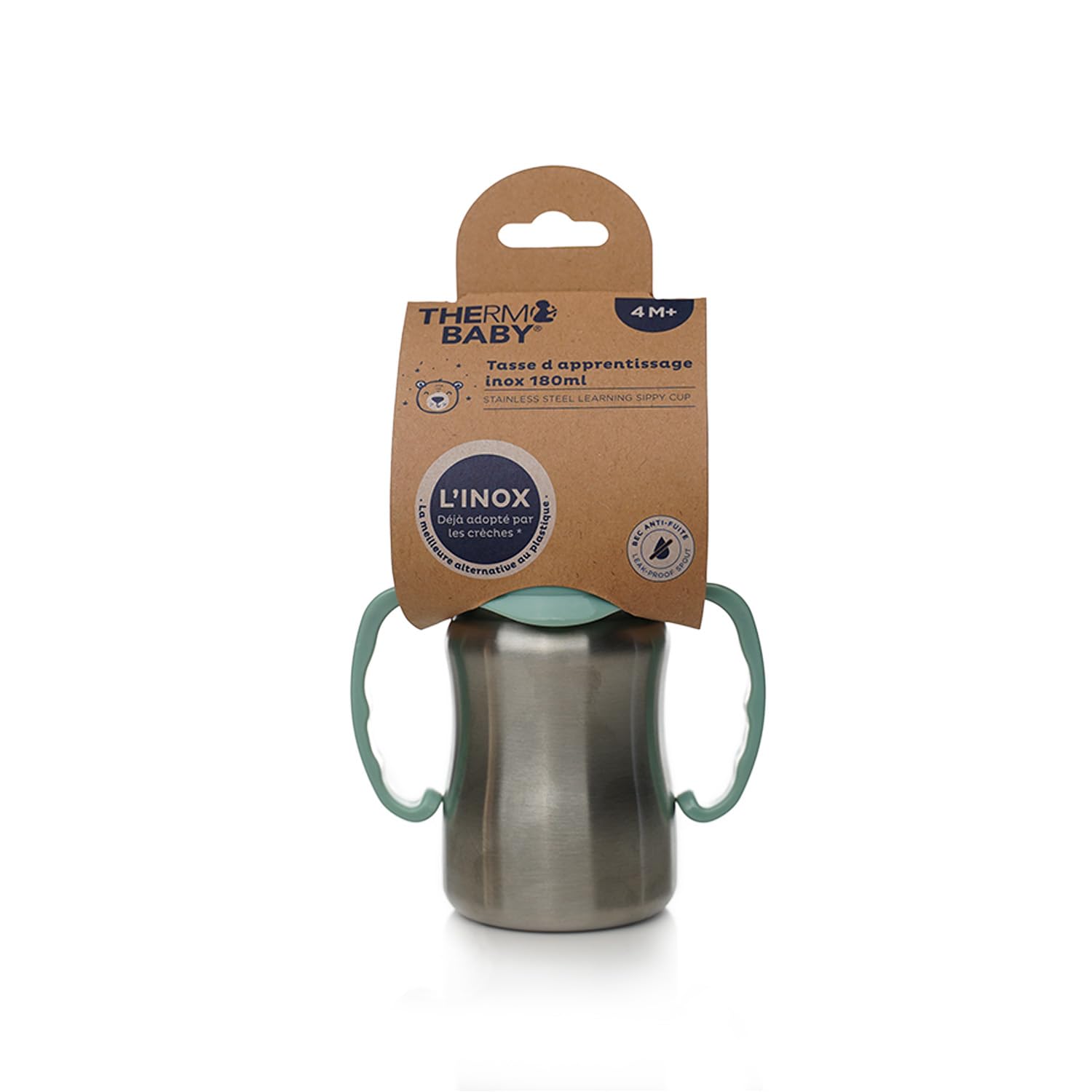 THERMOBABY - Tasse En Inox Bébé Avec Anses Et Tétine Silicone - Anti-Fuites - 180 ml - Facile À Nettoyer - Durable -Idéale Pour L’Autonomie De Bébé - Vert Cactus