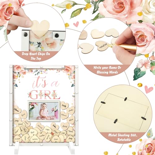 Image of 65 Pcs Baby Shower Guest Book Alternatives Baby Shower Sign in Guest Book Decorations It's a Girl Floral in Bloom Decorations with Photo Frame and 60 Wood Slices Keepsakes Gifts for Guests