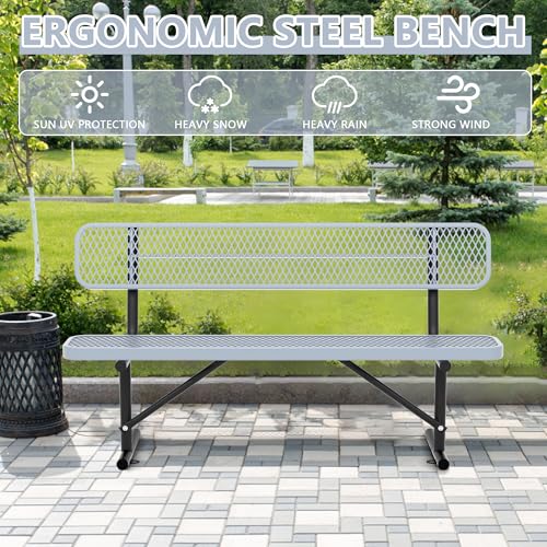 Image of 8ft Park Bench with Backrest, Gray Heavy Duty Outdoor Metal Bench Weatherproof Steel Long Playground Bench Seats, Commercial Garden Benches Dock Benches for Lawn, Park, Deck,Patio, Porch