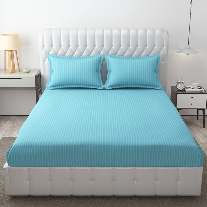 Image of DECOR2ADMIRE 300 TC Premium Glace Cotton All Round Elastic Fitted Plain Stripe Pastel Shades Queen Size Bedsheet with 2 Pillow Covers (Aqua Blue, Super King 108 inch x 108 inch)