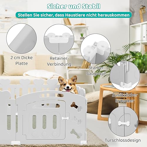 MAMIZO Welpenauslauf 60cm Hoch, Laufstall Hund 7+1 PCS Platten, Plastik Welpenlaufstall, Faltbare Hundegitter, Hundezaun mit Tor, Inkl. Saugnäpfe & Erdanker, Hundekäfig für Zuhause und Outdoor, Grau
