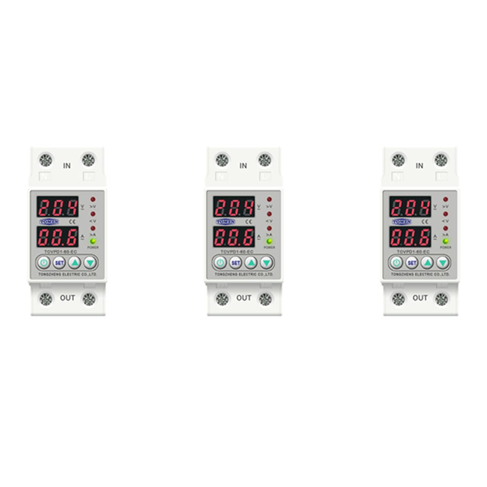 Jnchdghwa White 3X Din Rail Dual Display Adjustable Over Voltage Current And Under Voltage Protective Device Relay 40A 220V 230V
