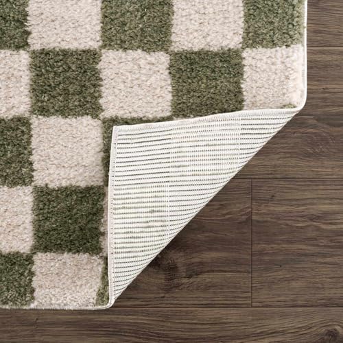 Image of Hauteloom Altair Modern Checkered High Pile Area Rug - Contemporary Geometric Carpet for Living Room, Bedroom - Machine Washable Area Rug - Off-White, Dark Green - 7'10 inch x 10'
