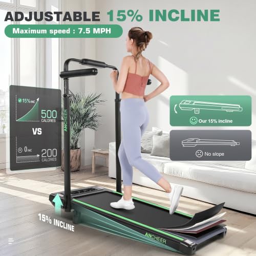 Image of Height-Adjustable Desk Treadmill with 15% Incline for Home Office Workout | 8 in 1 Folding Treadmill 450lbs Weight Capacity, 3.5HP Quiet Portable Treadmill with Desk, 3 Type Control, Ready to Use