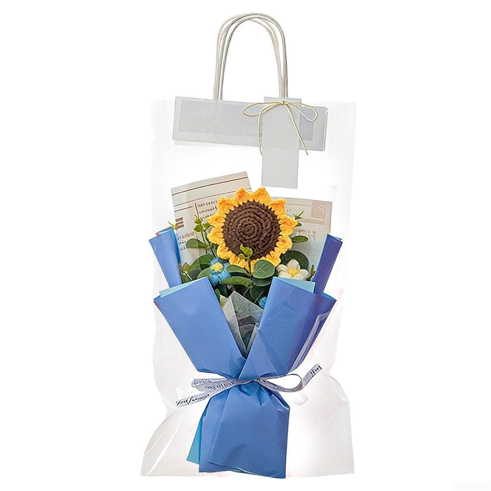 ASMJHQCLW Hand Woven Artificial Flowers, Knitted Crochet Sunflower Bouquet Colorful Seasonal Decor Bridal Graduation Anniversary(Blue)