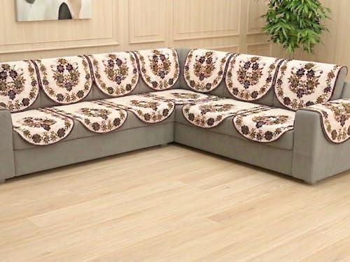 Image of Fab Nation Sofa Cover L Shape 7 Seater with Corner L Type Fully Covered Sofa Set for Living Room | Cotton Sofa Slipcovers for 4 + 3 Seaters Cover with 2 Arms | Floral Brown