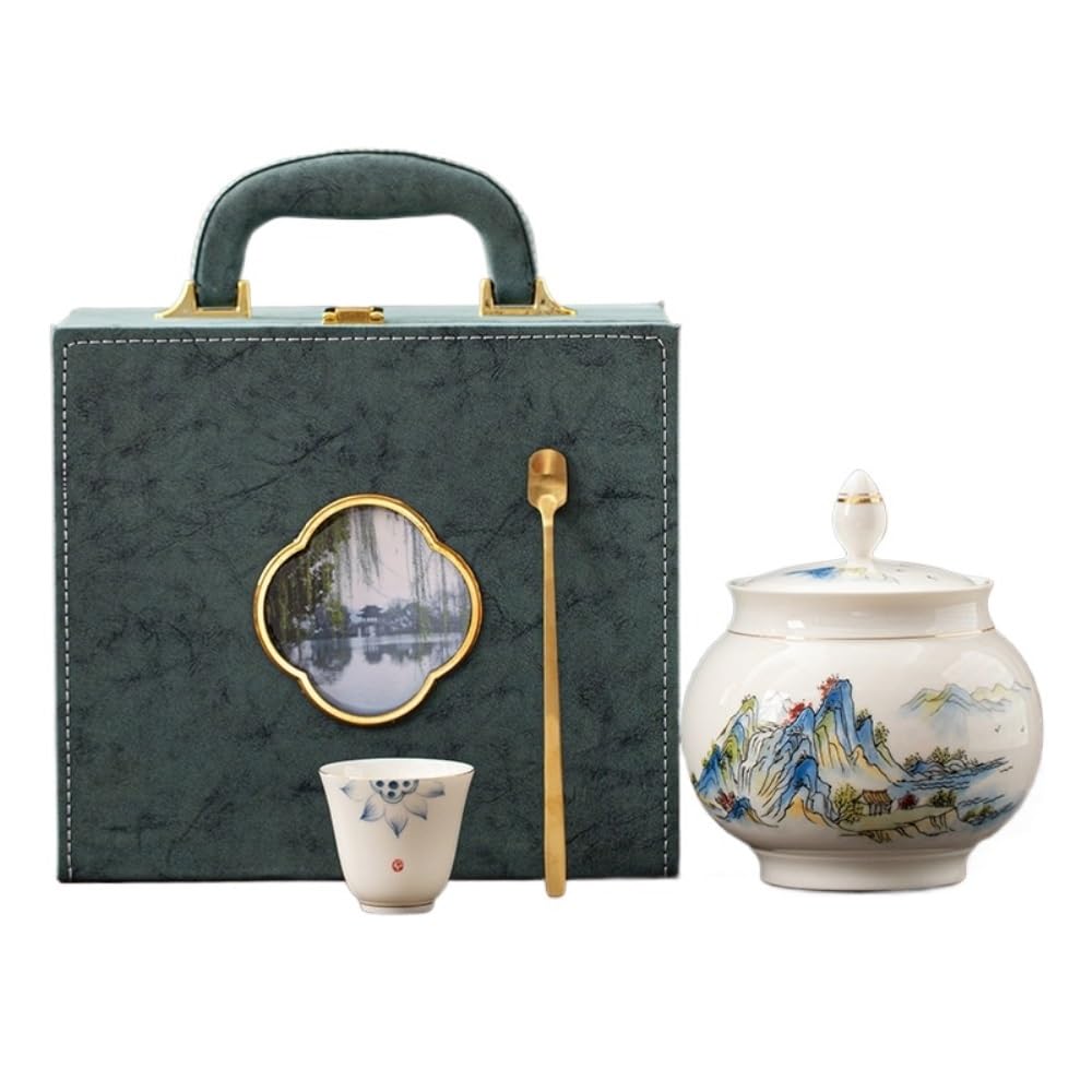 Lata de té Recipiente de Porcelana Blanca for almacenar té Suelto, Tarro cerámica Sellado, Juego Chino, Caja Regalo con Frasco Individual o Doble Carrito de té(Single Can)