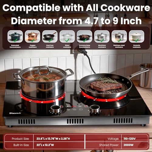 Image of 2 Burner Electric Cooktop 110V - 24 Inch(23.6 inchx 13.78 inch) Ceramic Stove Countertop & Built-in(22 inchx 12.2 inch), 2000W Two Burner Cooktop with Touch & Knob Control, Timer, Safety Lock, 120V Plug in