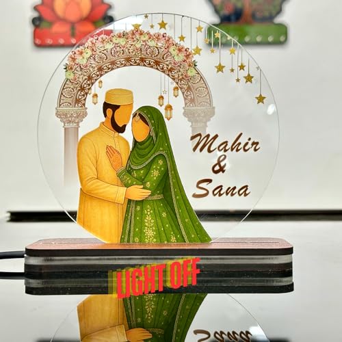 Image of Customised Muslim Wedding Led Acrylic Lamp Custom Islamic Couple Name Light Gift Nikah Decor With Stars & Lanterns Engagement Or Walima Keepsake,Green