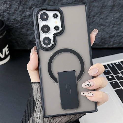 Coque pour S24 Plus de luxe avec support pliant protection arrière mate noire charge sans fil