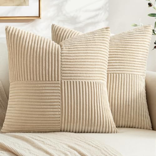 Image of MIULEE Natural Beige Decorative Throw Pillow Covers 20x20 Inch for Couch Bed Sofa Pack of 2 Neutral Boho Farmhouse Throw Pillows Soft Cross Corduroy Patchwork Textured Cushion Cases