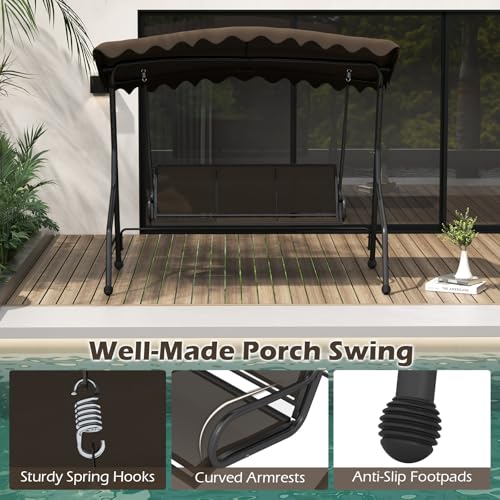 Image of Tangkula 3 Person Porch Swing, Patio Swing with Adjustable Canopy, Heavy-Duty Metal Frame & Breathable Seat, Outdoor Metal Swing for Backyard, Poolside, Balcony, Garden, 1000 lbs Max Load (Brown)