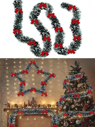 Guirnalda de Navidad de 78 pulgadas con 12 lazos rojos, guirnalda de oropel metálica para decoración de escaleras, chimenea, chimenea, chimenea, decoración del hogar