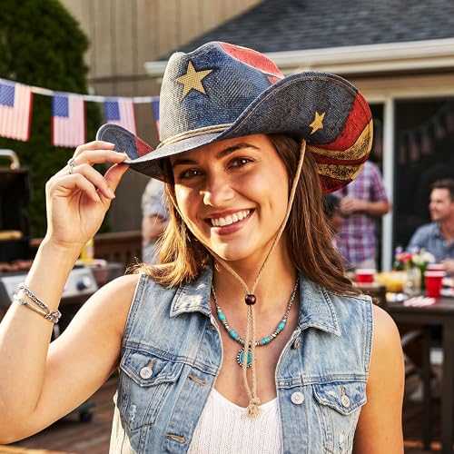 Image of Keilin Straw Cowboy Hat for Women and Men - American Flag Patriotic USA Western Hat 4th July Cowgirl Country Rodeo