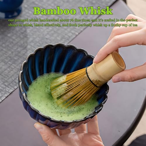 Juego de 6 batidores de matcha, batidores de bambú hechos a mano, pala de té tradicional, cuchara de matcha y soporte de batidor de cerámica esmaltada, regalos de matcha para principiantes