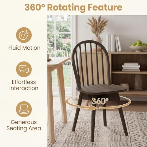 Image of COSTWAY Swivel Windsor Dining Chairs Set of 4, Solid Rubber Wood Armless Kitchen Chair with Tilt Back, Mid-Century Modern Side Chairs for Dining Room, Kitchen, Restaurant (Walnut)