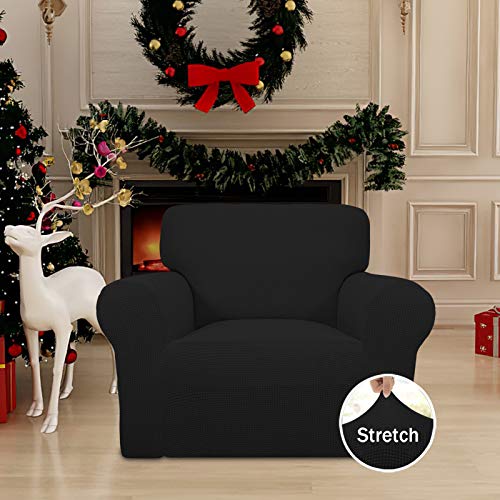 Image of Easy-Going Stretch Chair Sofa Slipcover 1-Piece Couch Sofa Cover Furniture Protector Soft with Elastic Bottom for Kids, Pet. Spandex Jacquard Fabric Small Checks (Chair, Black)
